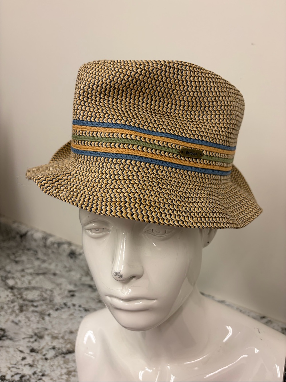 Barbour Tan Straw Bucket Hat with Blue & Green Accent Band